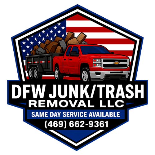 Red pickup truck with trailer, American flag logo for DFW Junk/Trash Removal