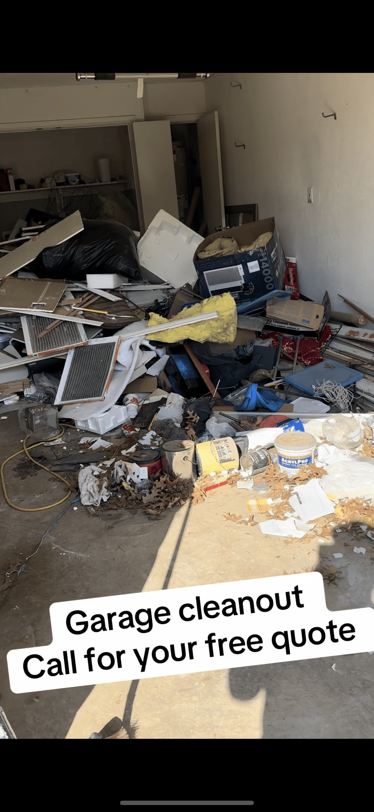 Cluttered, messy garage with junk and debris needing cleanup